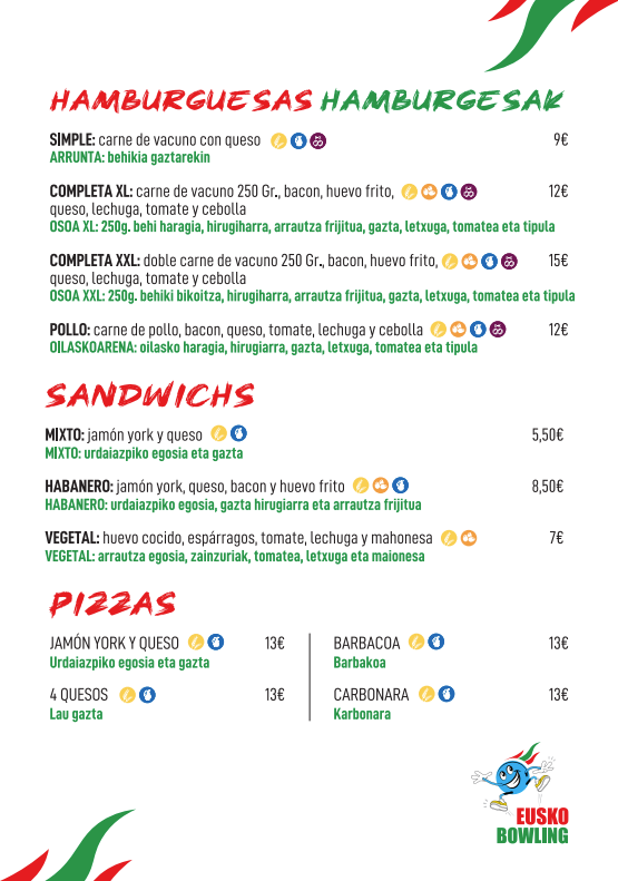 Hamburguesas, sandwichs y pizzas Euskobowling